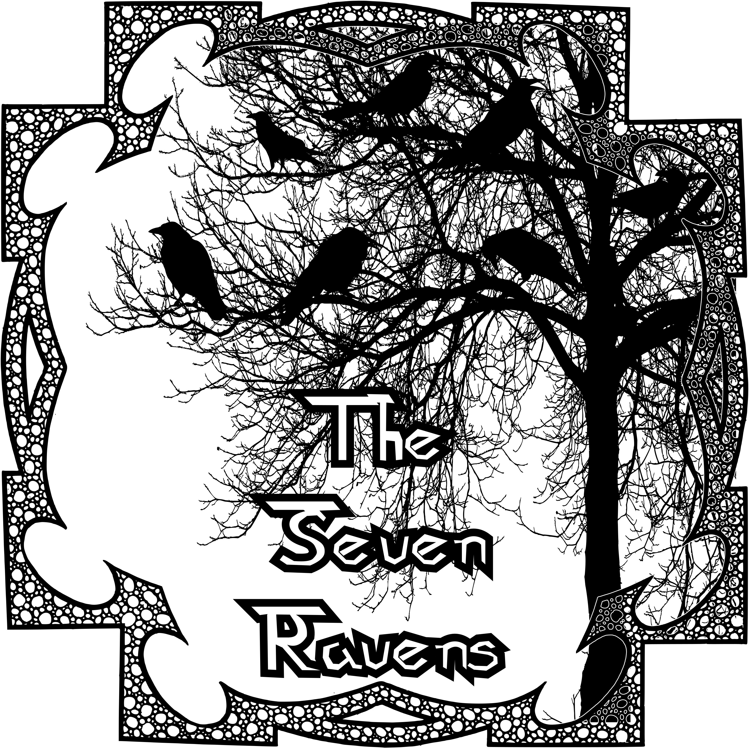 The Seven Ravens cover image portraying a silouette of a tree with ravens perched on it.