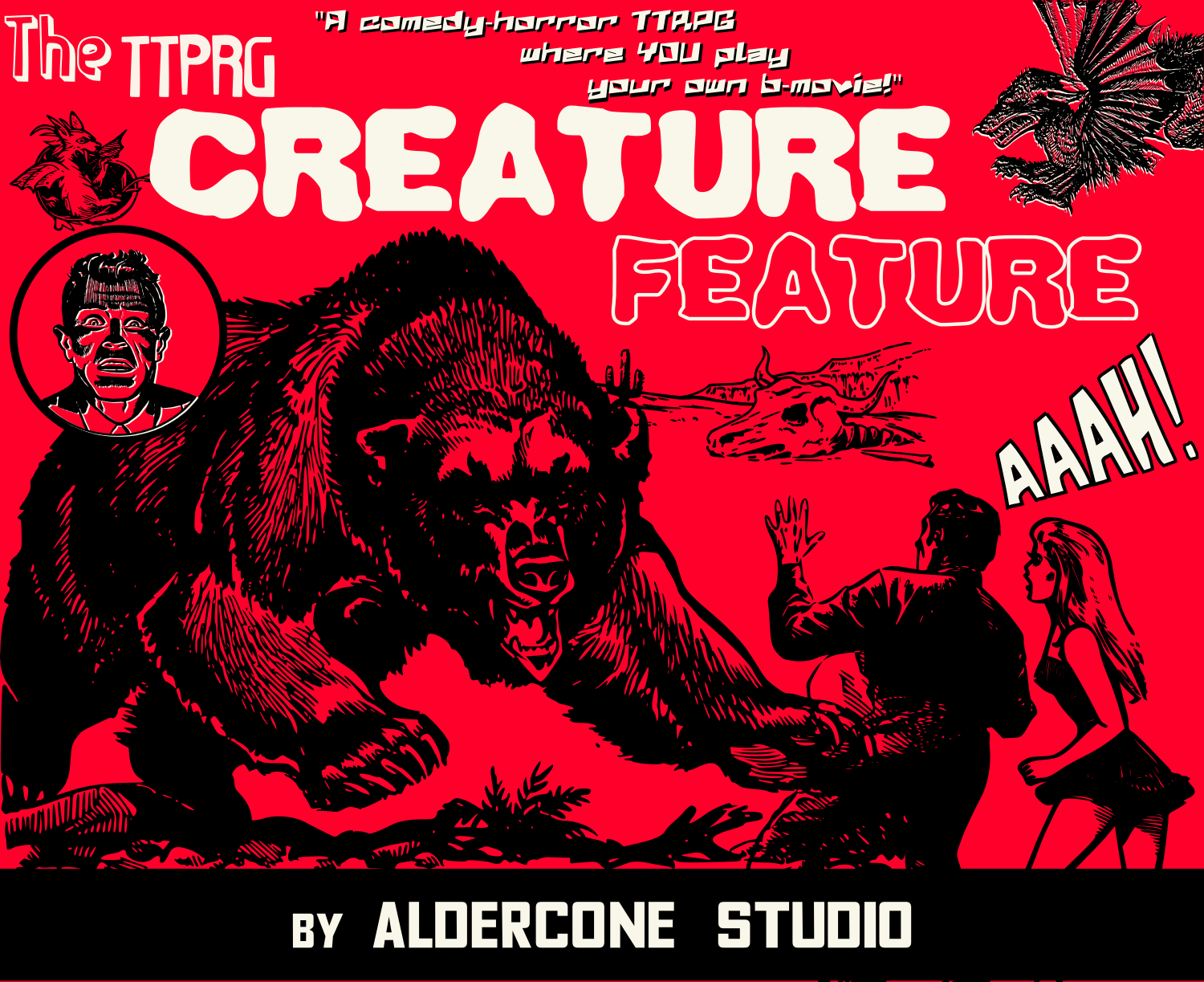 A red and black old movie style style image, saying The TTREG Creature Feature, and image of a large bear attacking two screaming people