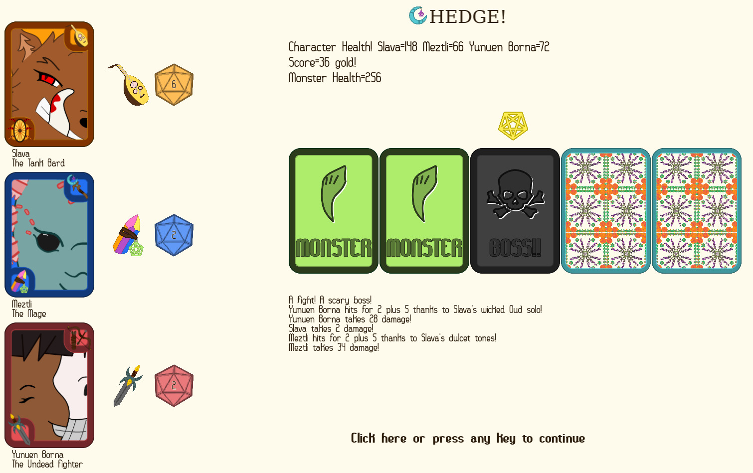 A screenshot from the HEDGE! prototype, showing the character cards at the left, and several dungeon cards in play.