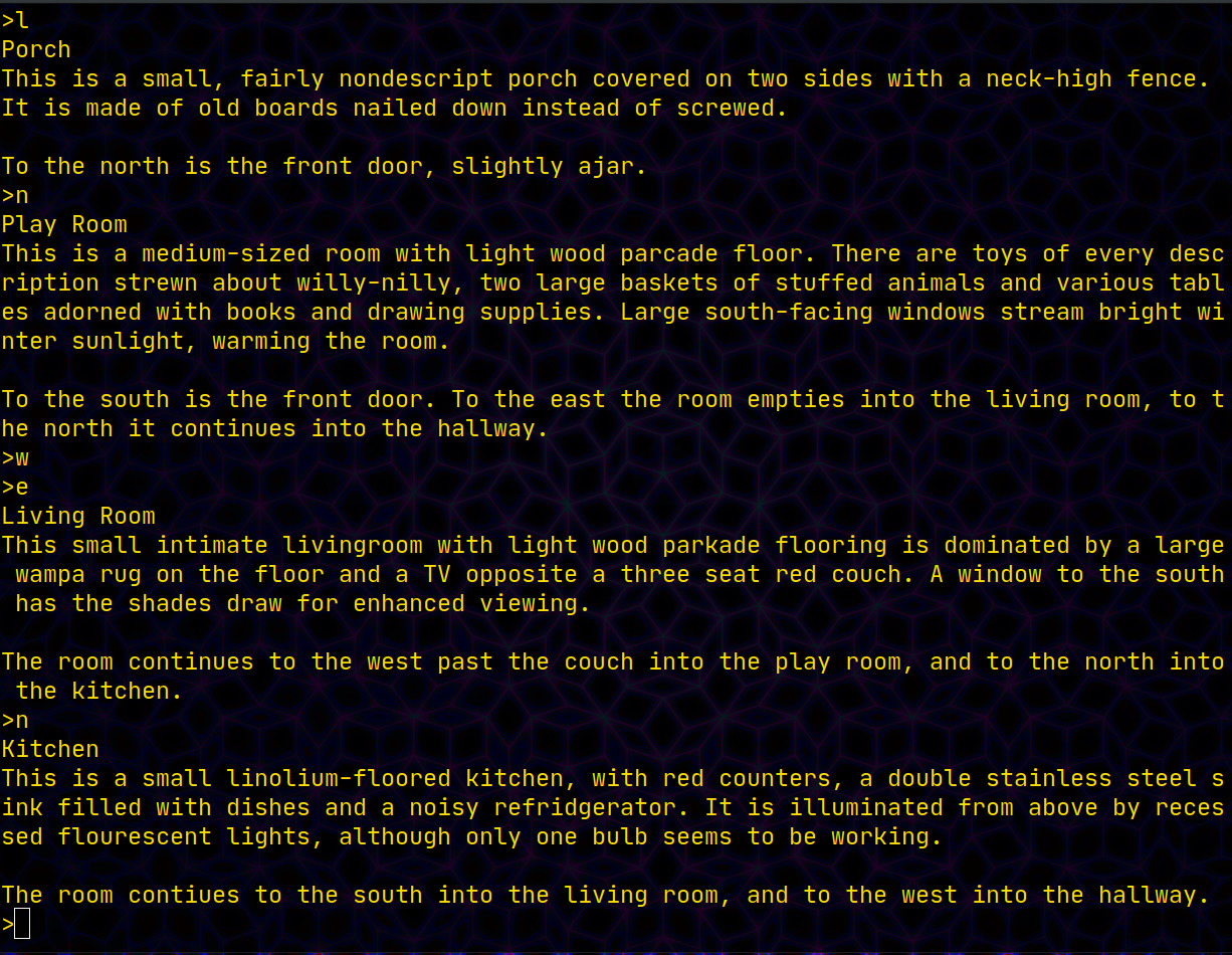A screenshot of an example of a simple Pyoo adventure in a yellow text terminal.