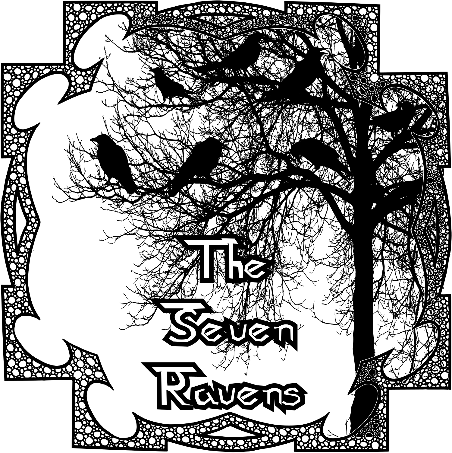 Seven Ravens cover art, saying The Seven Ravens, with a scraggly leaf-less tree silhoette with a murder of crows perched about it, and a stabby bordered.