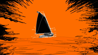 GIF description: A boat goes into the stark orange-black background. In the foreground, tentacles rise out of the waters and miss the boat.